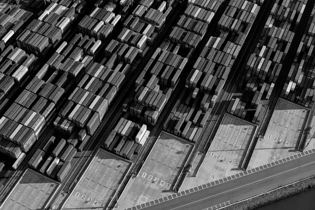Shipping containers stacked at a port