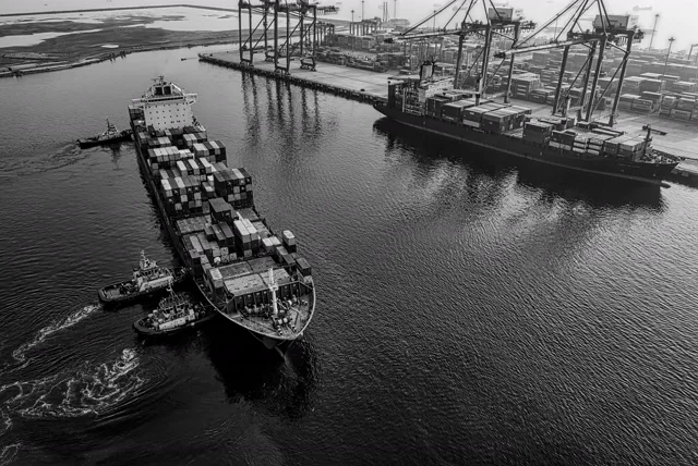 A container ship under way