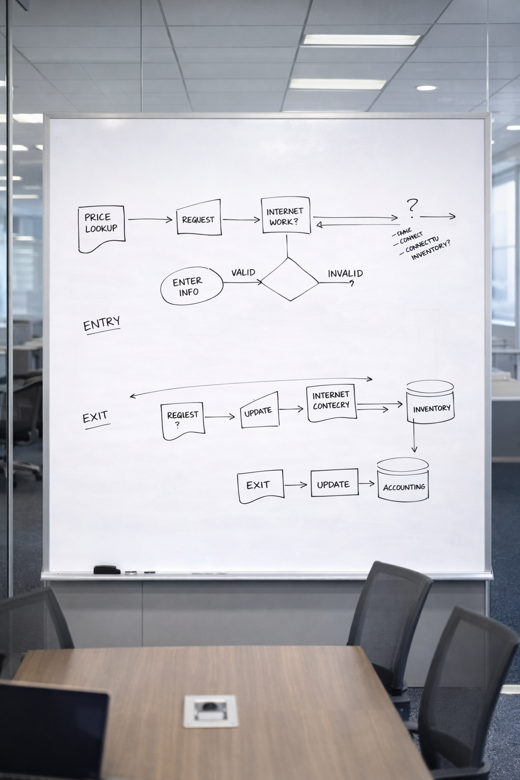 Workflow diagrams on a whiteboard