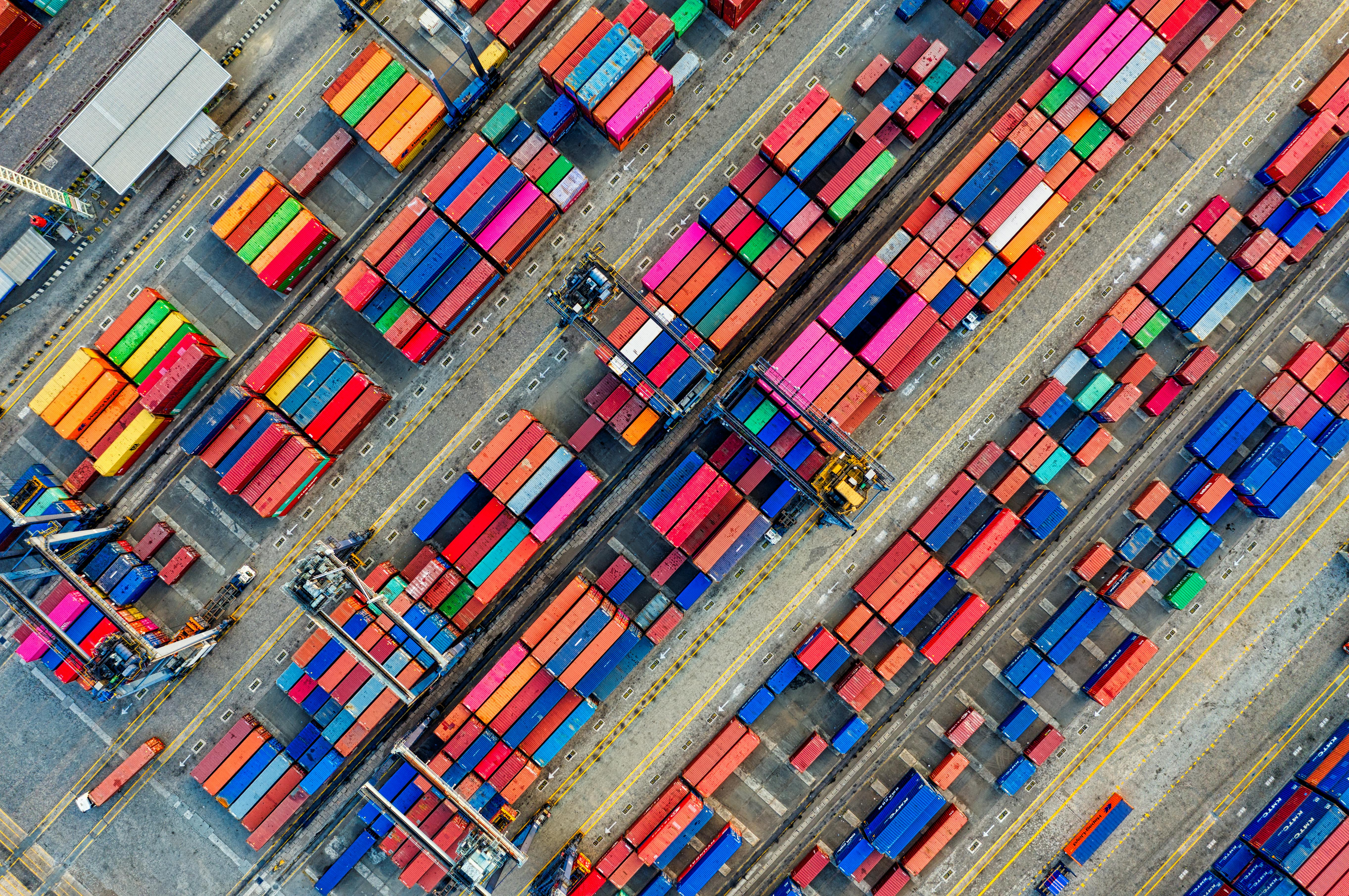 Aerial view of a container yard and logistics traffic