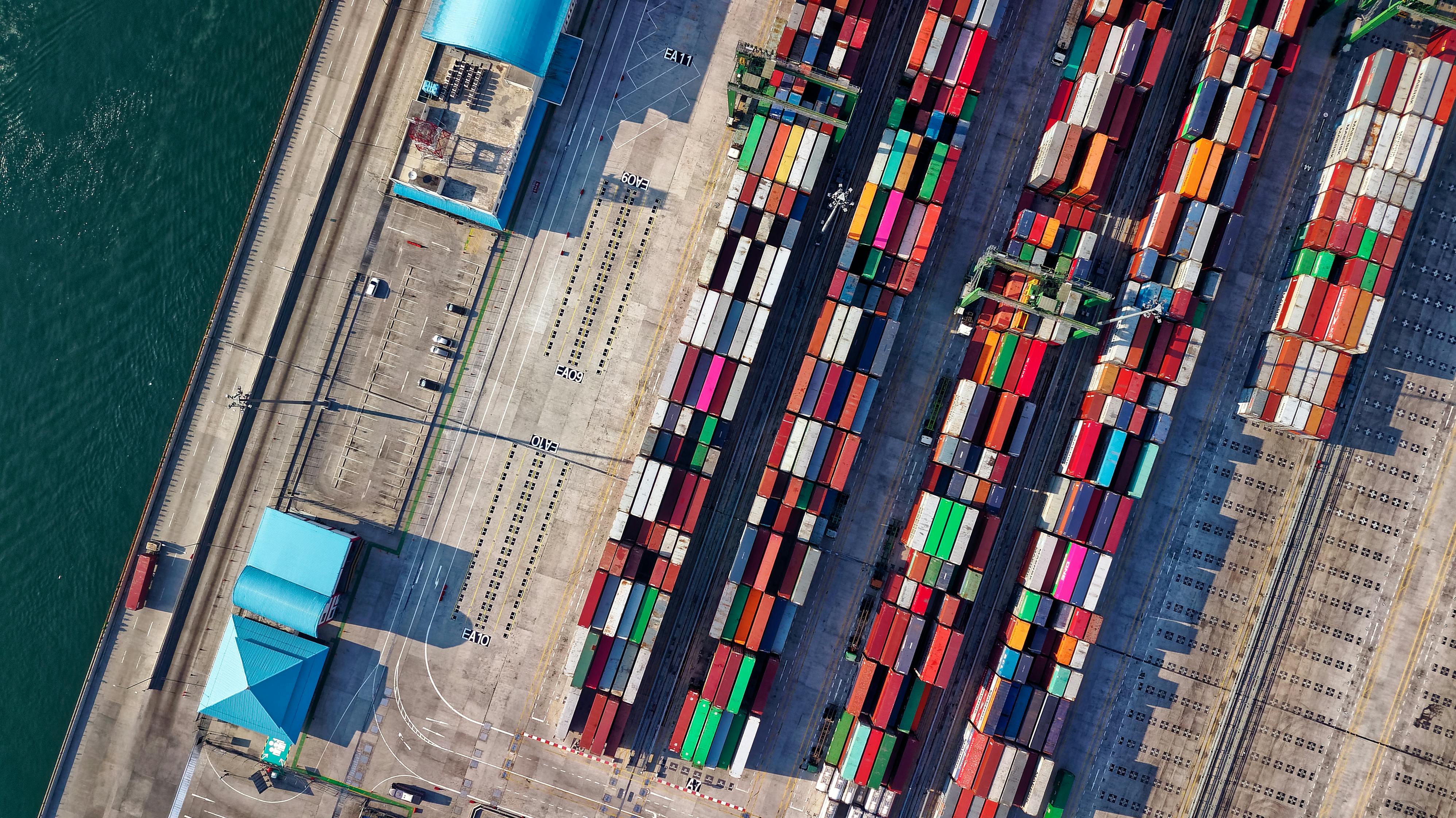Aerial view of stacked containers at a port