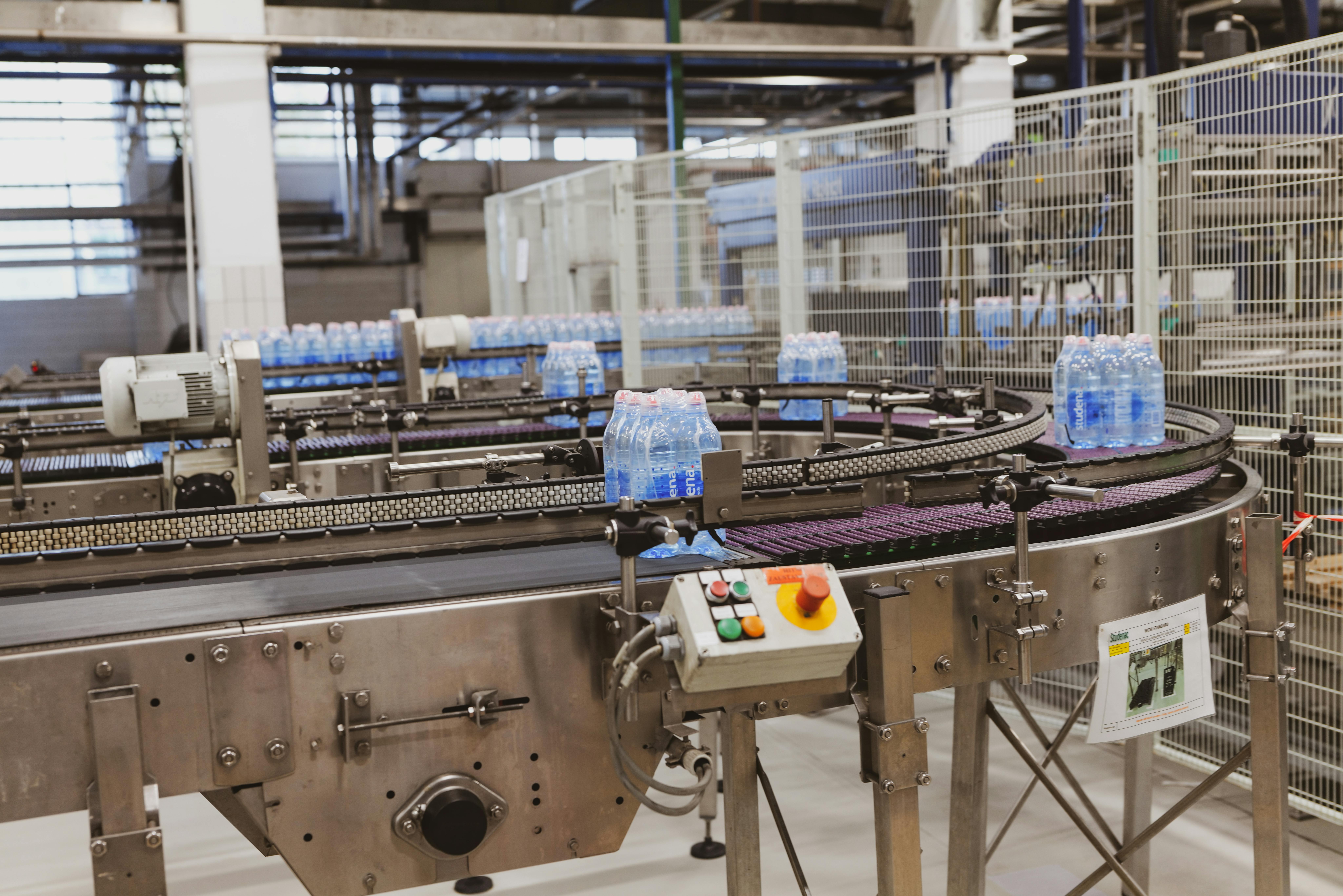 Water bottles moving through a production line